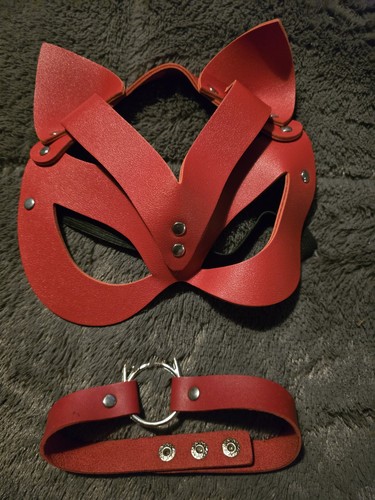Red leather look cat mask - leather,